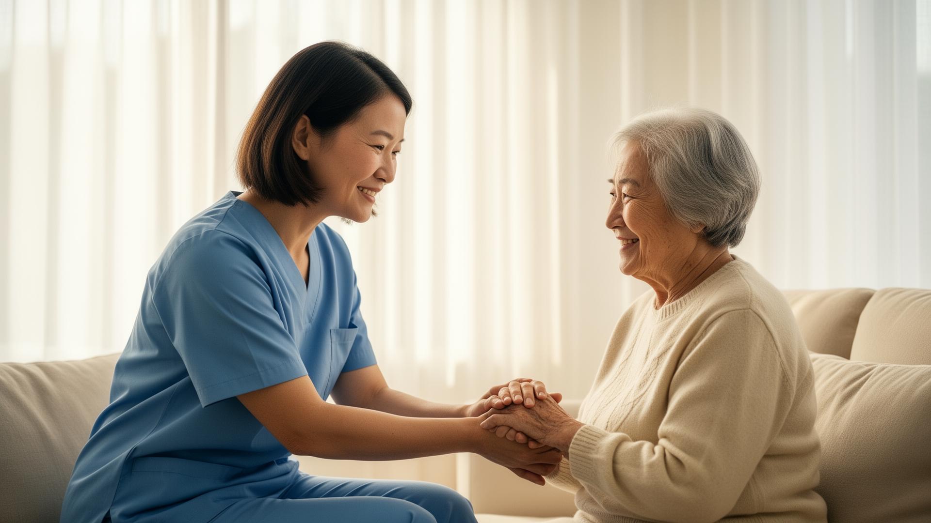 Caregiver holding the hands of an elderly woman at home